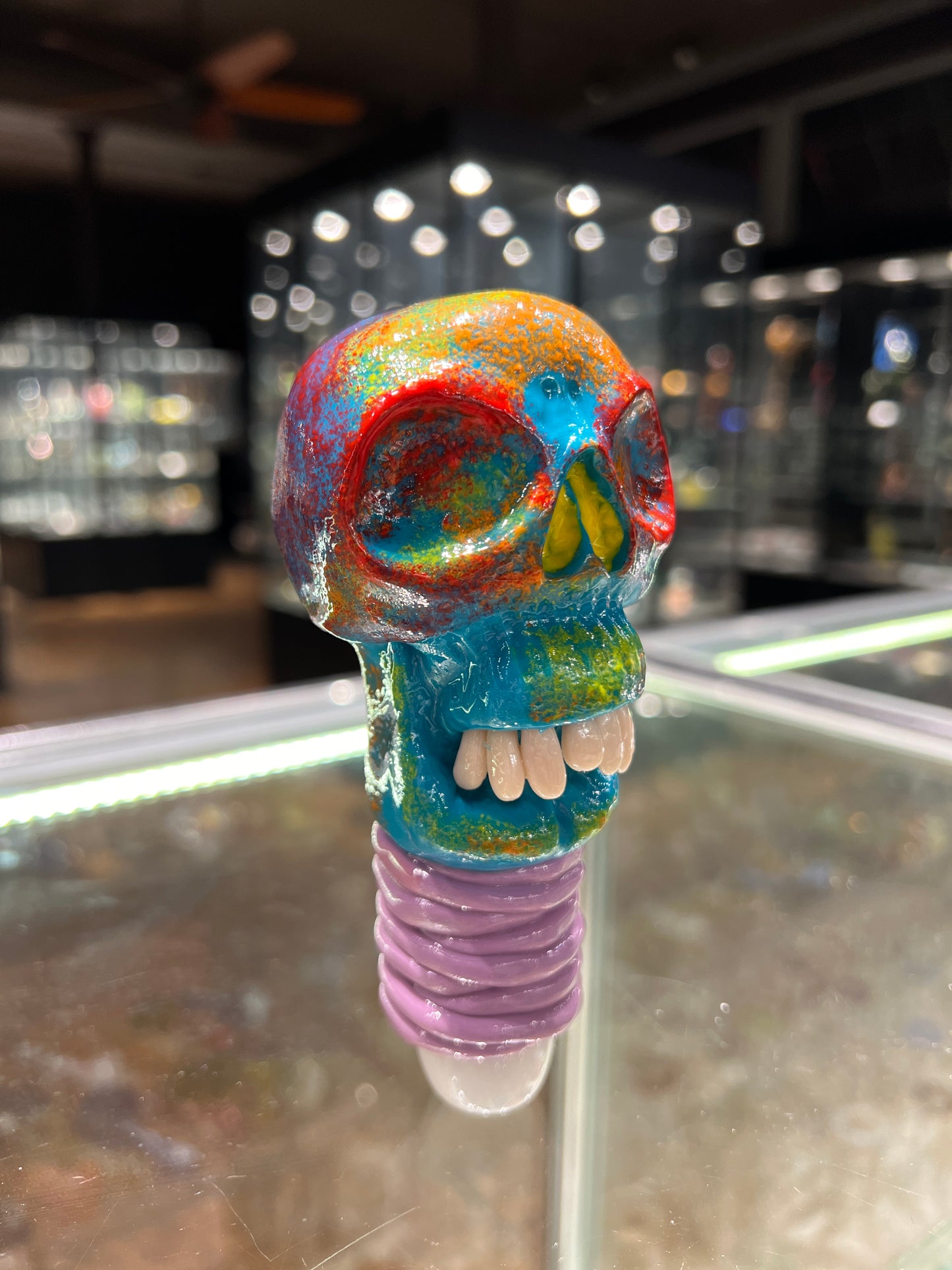 Large Glass Spoon Pipe with Los Dias De Los Muertos Sculpted Skull Design #1